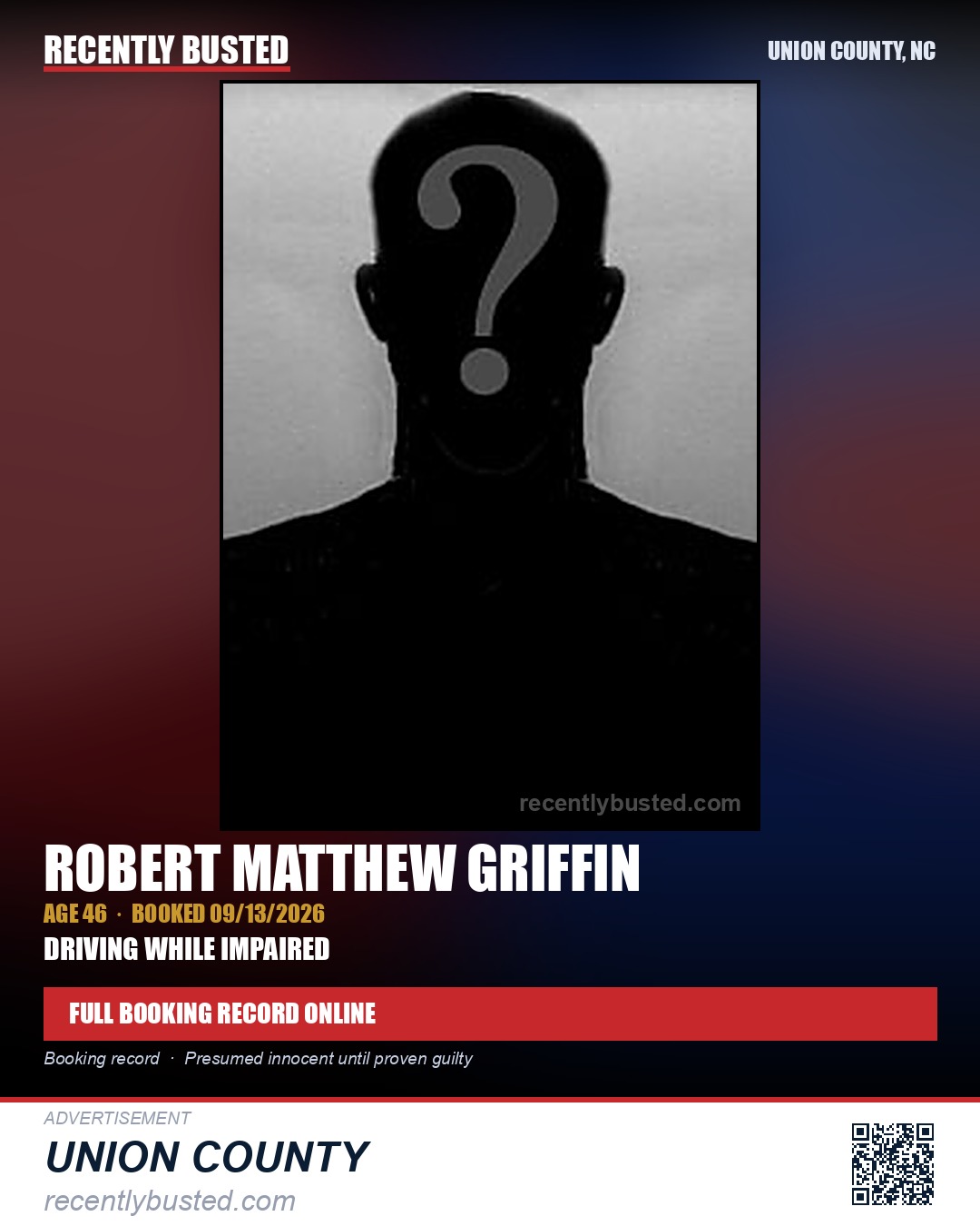 GRIFFIN, ROBERT MATTHEW — arrest record card, Union County, North Carolina