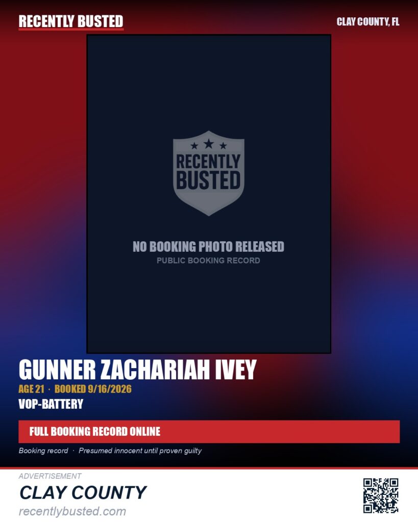 GUNNER ZACHARIAH IVEY — arrest record card, Clay County, Florida