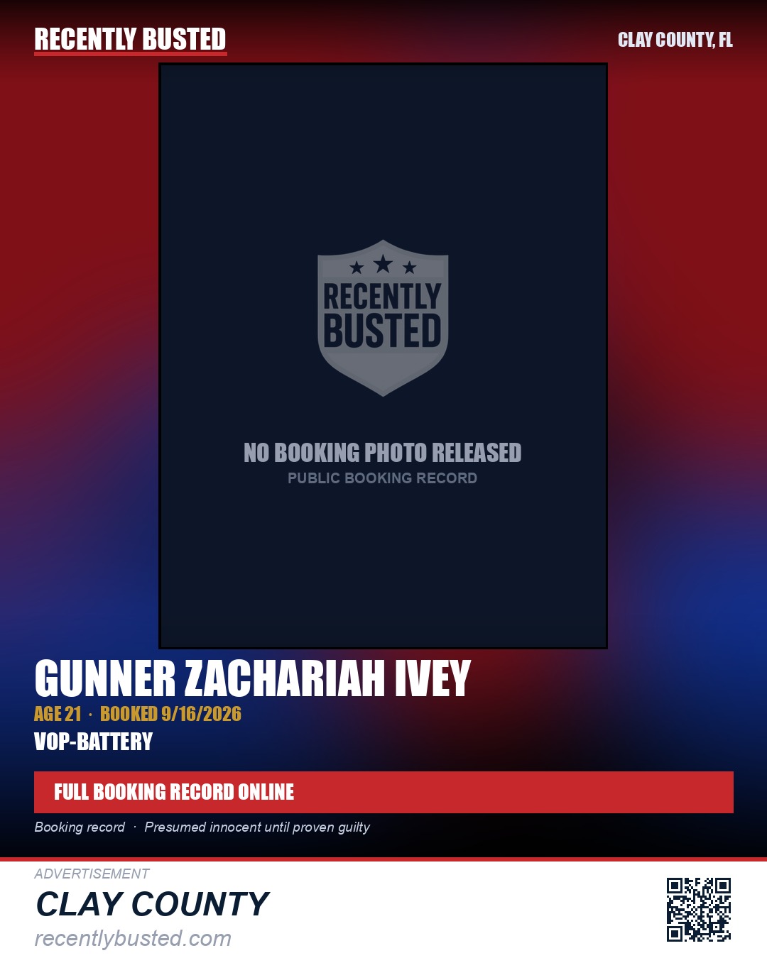 GUNNER ZACHARIAH IVEY — arrest record card, Clay County, Florida