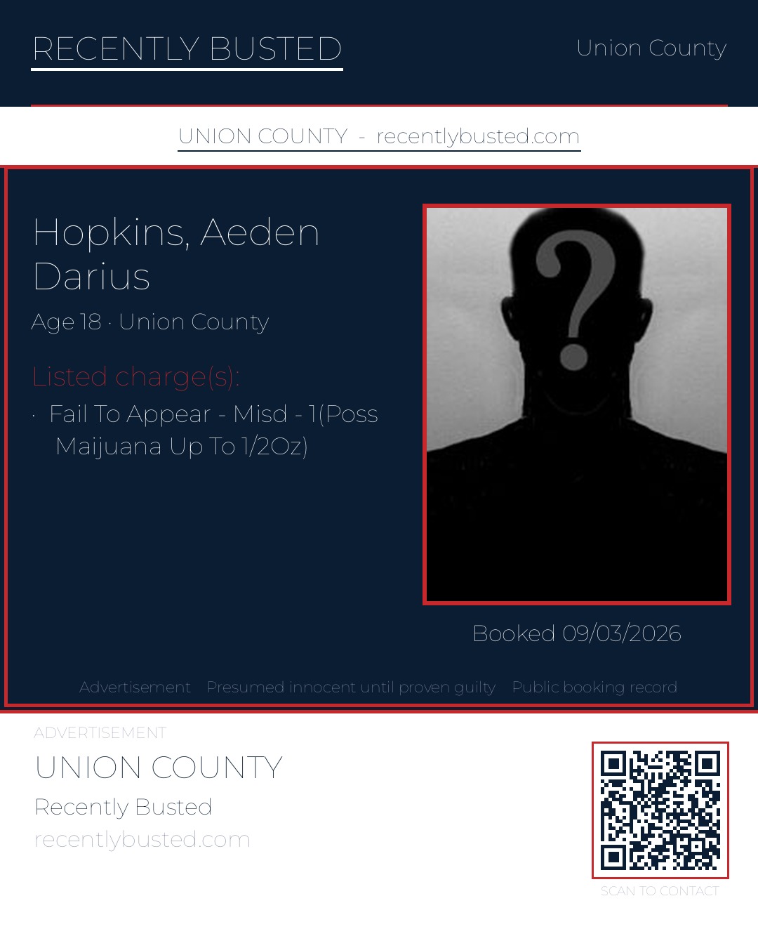 HOPKINS, AEDEN DARIUS — arrest record card, Union County, North Carolina