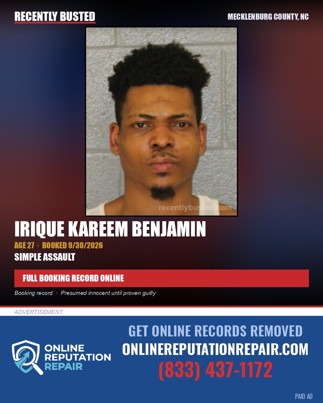 IRIQUE KAREEM BENJAMIN — arrest record card, Mecklenburg County, North Carolina