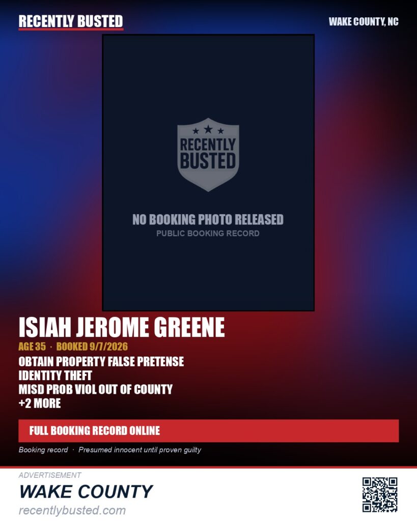 ISIAH JEROME GREENE — arrest record card, Wake County, North Carolina