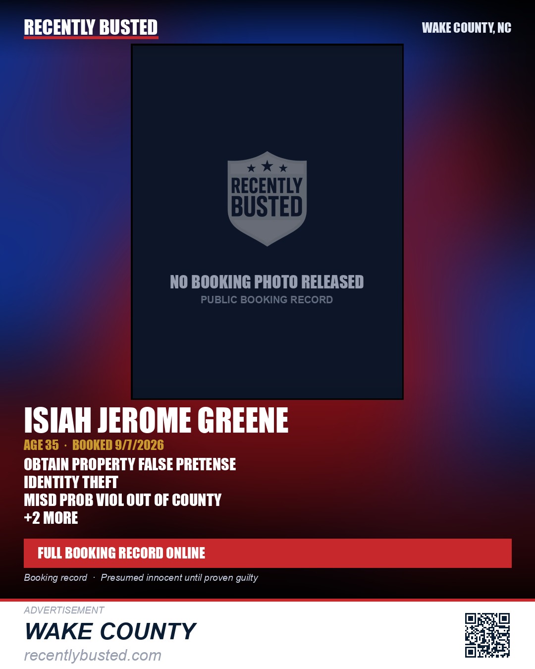 ISIAH JEROME GREENE — arrest record card, Wake County, North Carolina