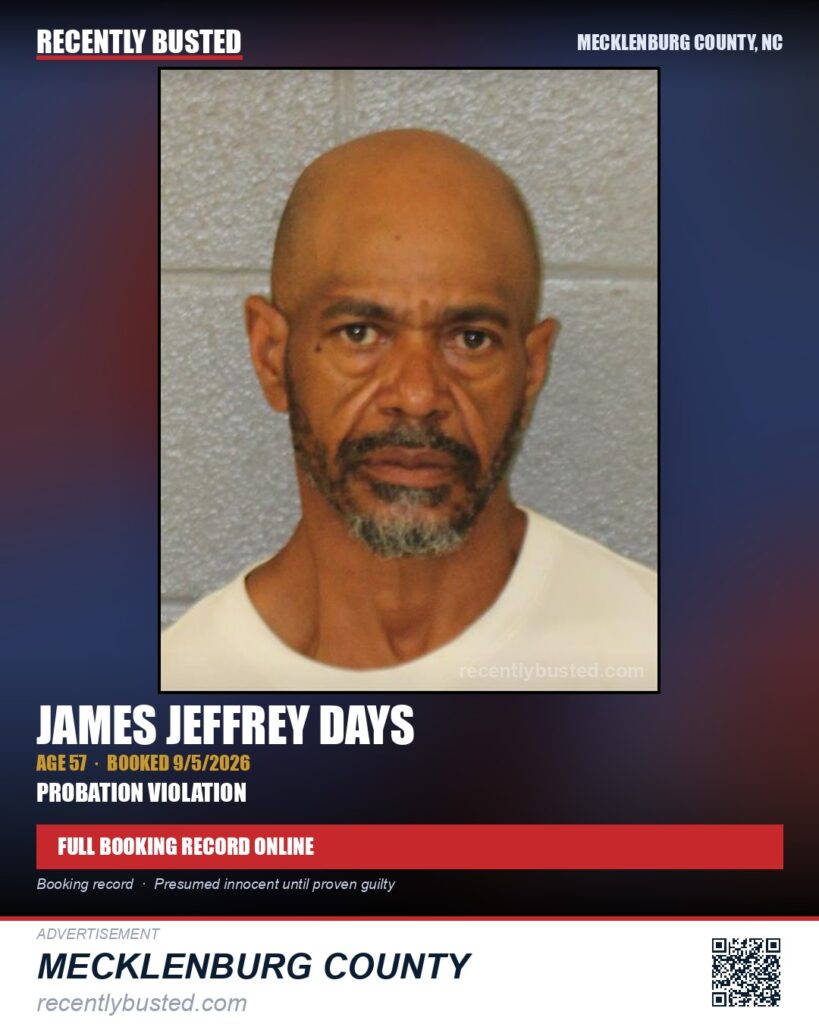 JAMES JEFFREY DAYS — arrest record card, Mecklenburg County, North Carolina