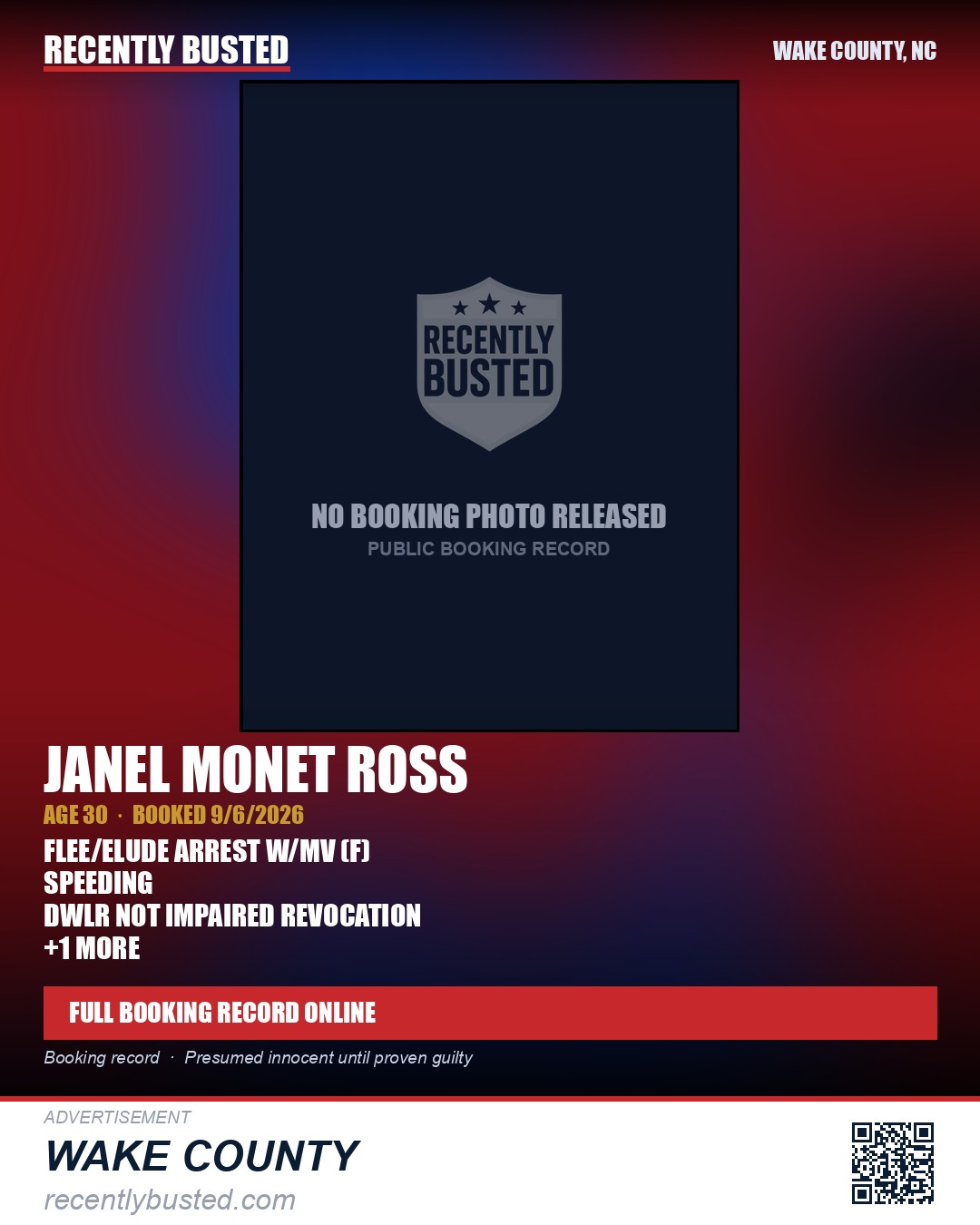 JANEL MONET ROSS — arrest record card, Wake County, North Carolina