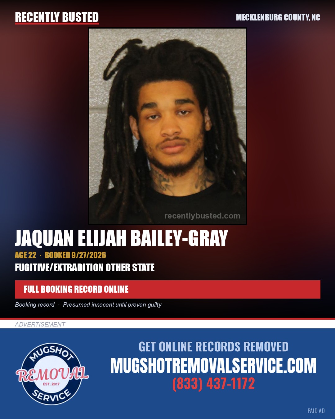 JAQUAN ELIJAH BAILEY-GRAY — arrest record card, Mecklenburg County, North Carolina