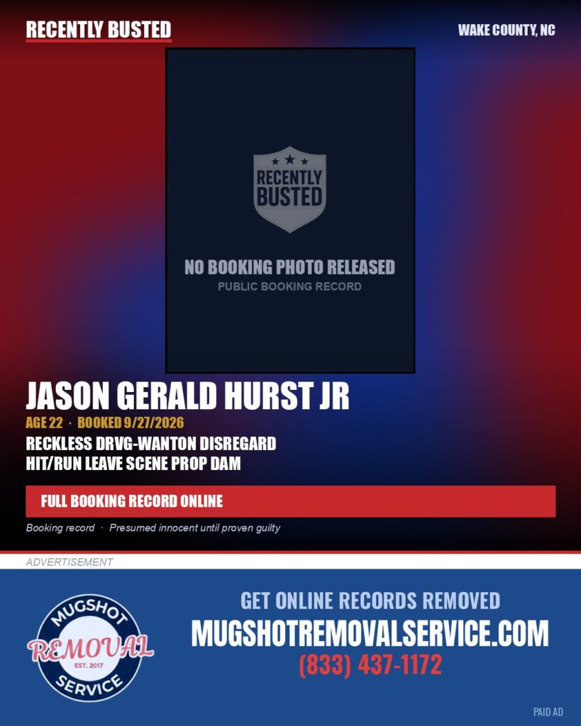 JASON GERALD HURST JR — arrest record card, Wake County, North Carolina