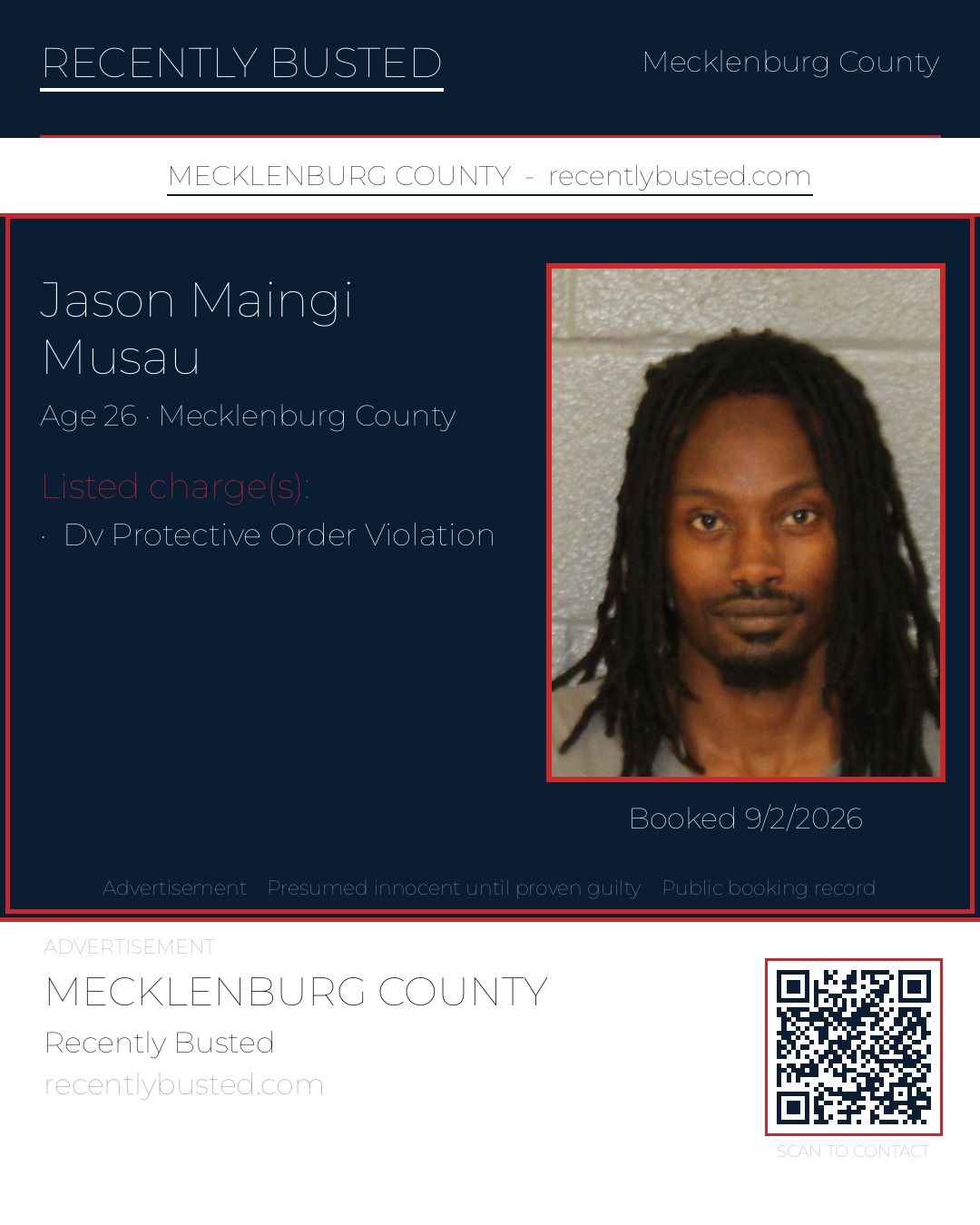 JASON MAINGI MUSAU — arrest record card, Mecklenburg County, North Carolina