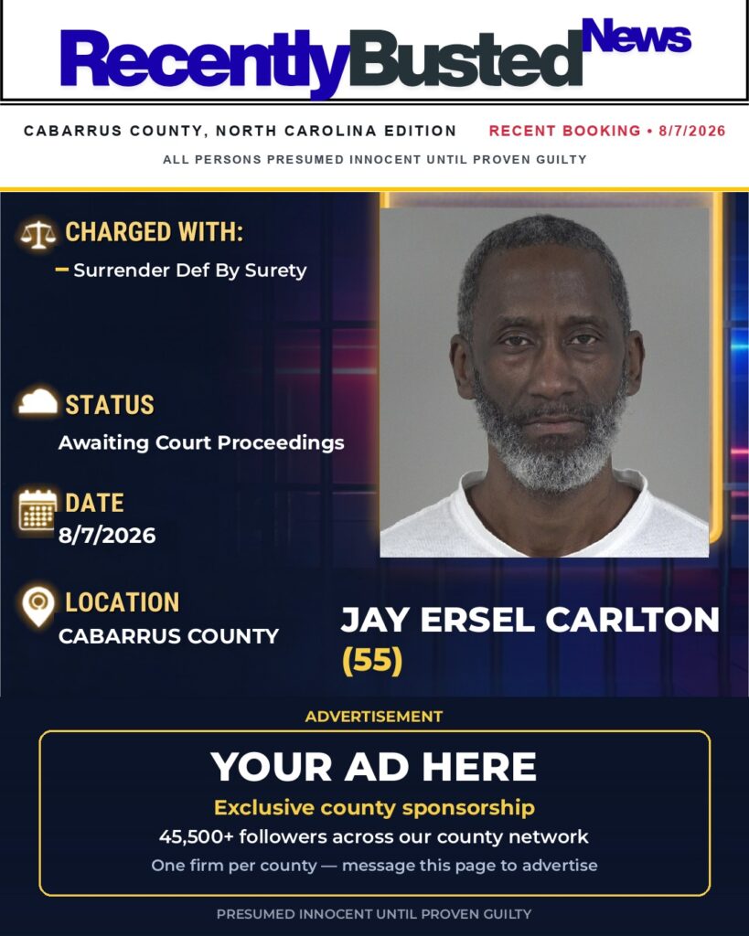 JAY ERSEL CARLTON — arrest record card, Cabarrus County
