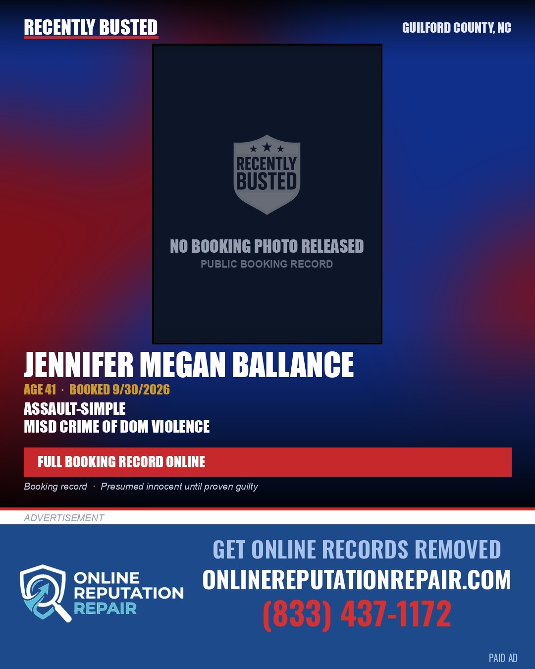 JENNIFER MEGAN BALLANCE — arrest record card, Guilford County, North Carolina