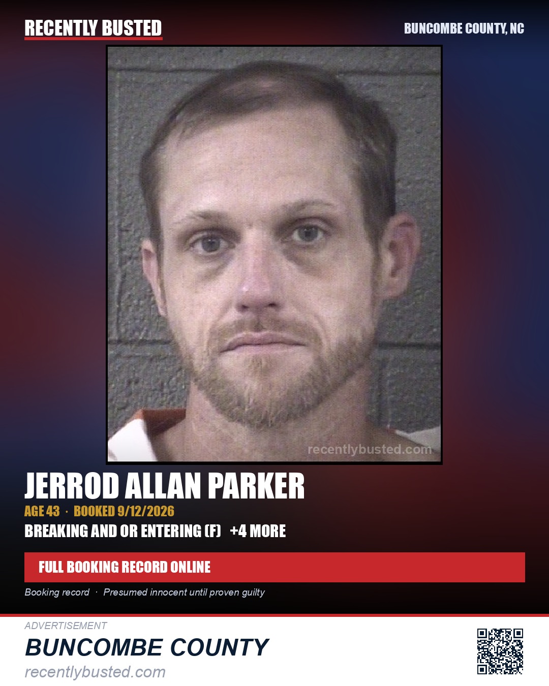 JERROD ALLAN PARKER — arrest record card, Buncombe County, North Carolina