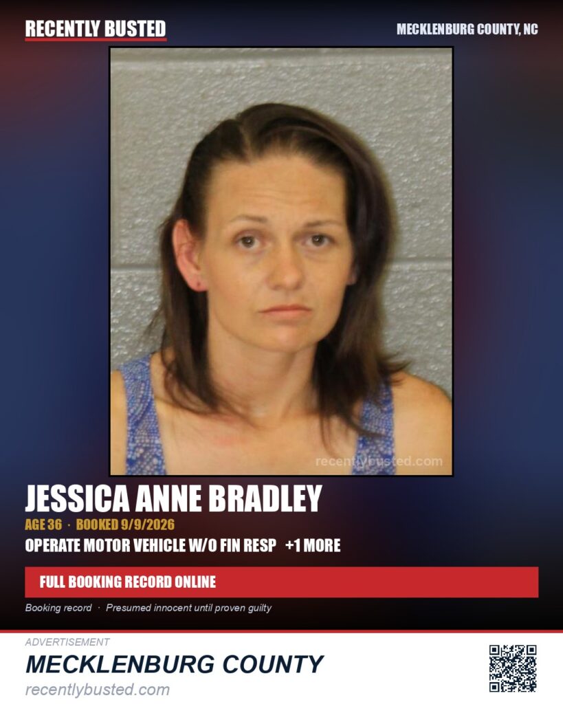 JESSICA ANNE BRADLEY — arrest record card, Mecklenburg County, North Carolina