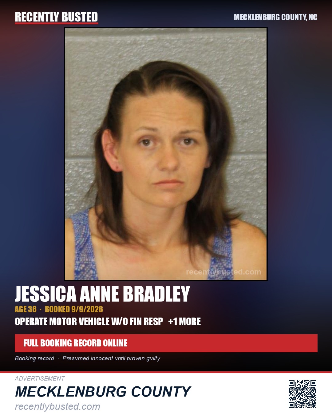 JESSICA ANNE BRADLEY — arrest record card, Mecklenburg County, North Carolina