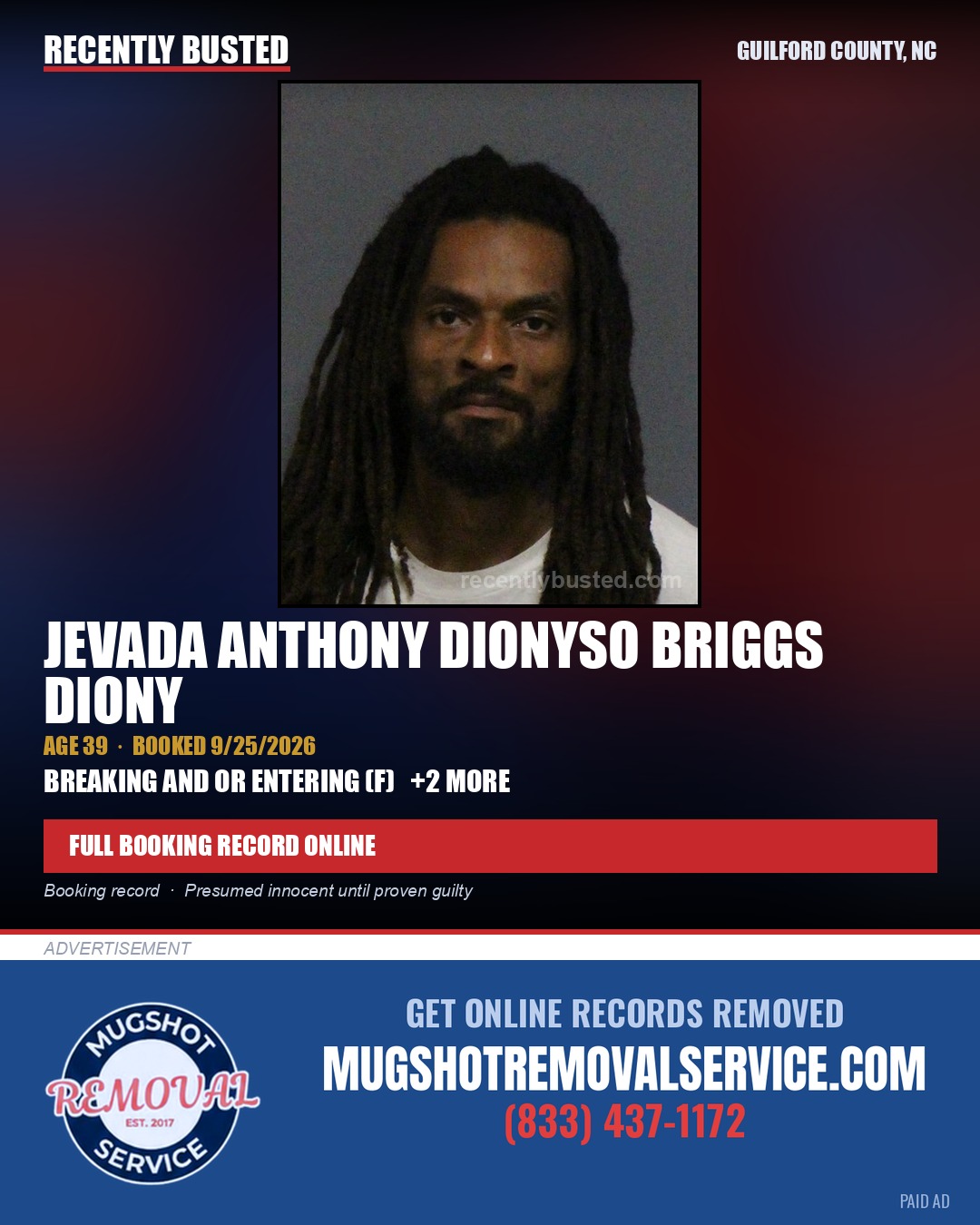 JEVADA ANTHONY DIONYSO BRIGGS DIONY — arrest record card, Guilford County, North Carolina