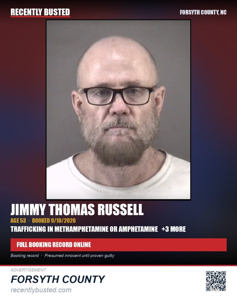 JIMMY THOMAS RUSSELL — arrest record card, Forsyth County, North Carolina