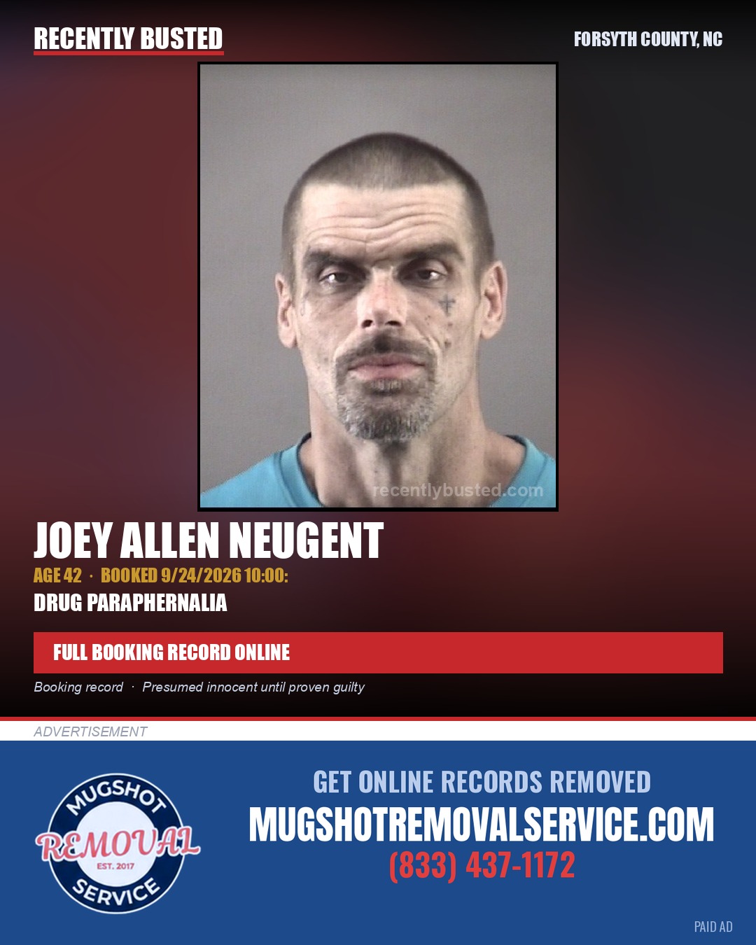 JOEY ALLEN NEUGENT — arrest record card, Forsyth County, North Carolina