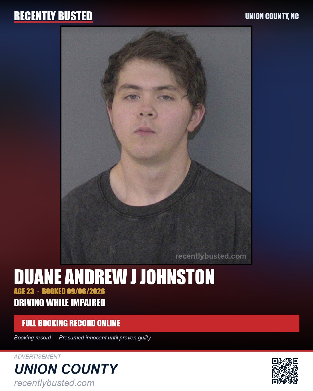 JOHNSTON, DUANE ANDREW J — arrest record card, Union County, North Carolina