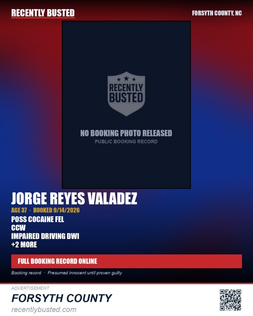 JORGE REYES VALADEZ — arrest record card, Forsyth County, North Carolina