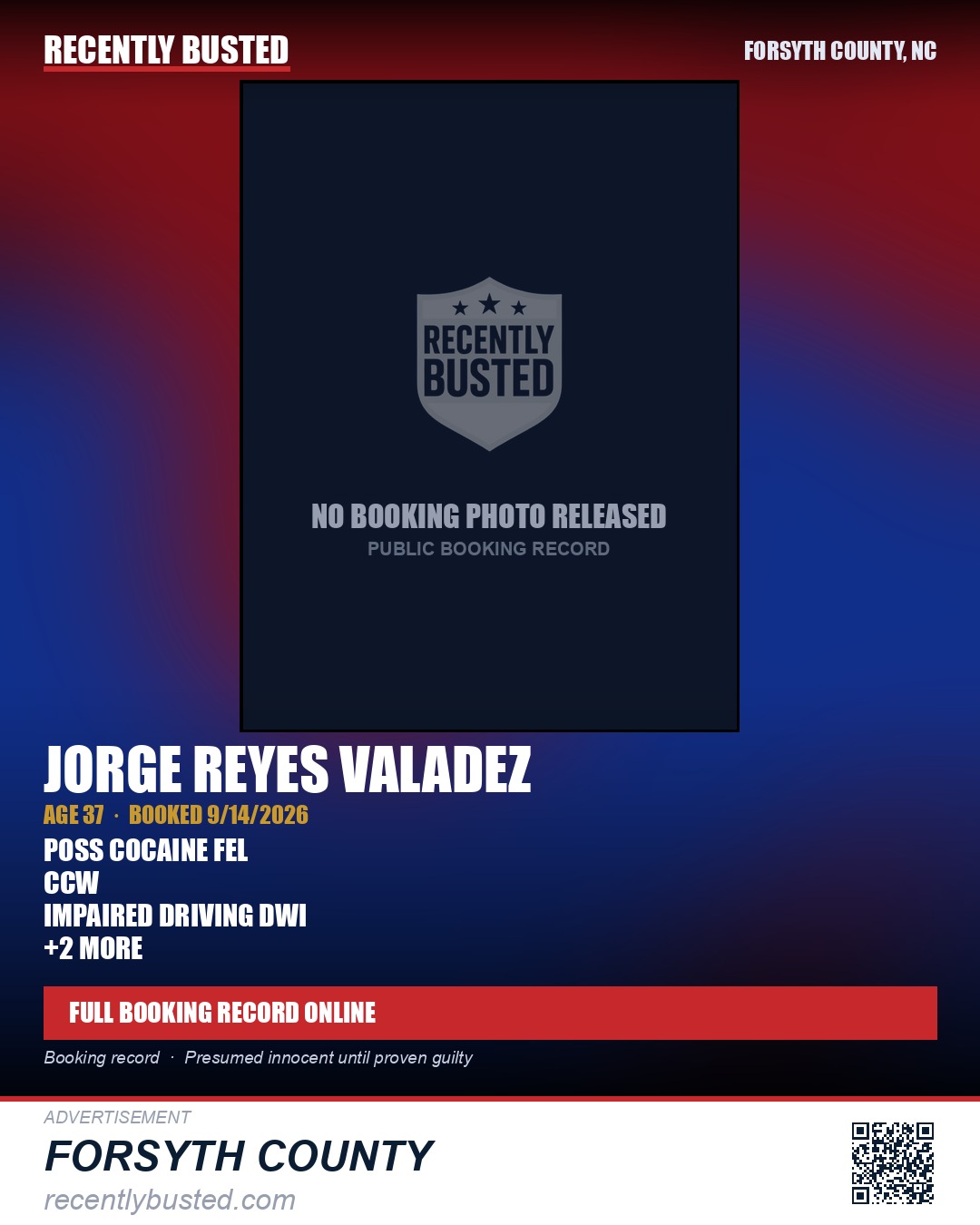 JORGE REYES VALADEZ — arrest record card, Forsyth County, North Carolina