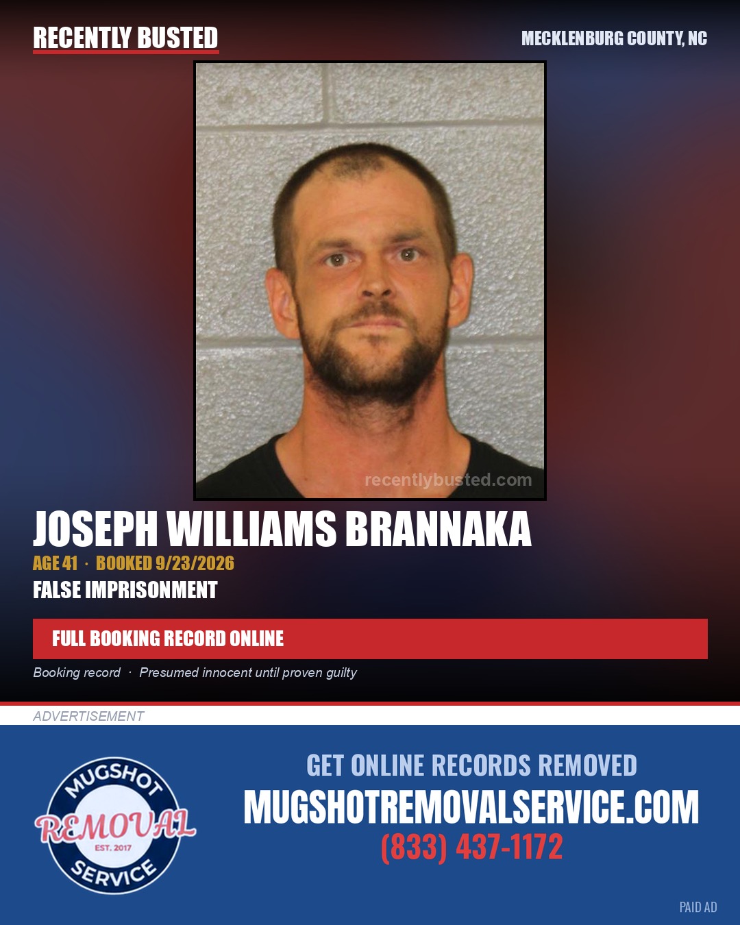 JOSEPH WILLIAMS BRANNAKA — arrest record card, Mecklenburg County, North Carolina