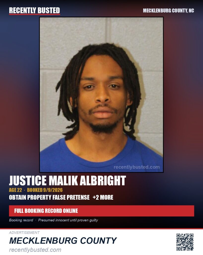 JUSTICE MALIK ALBRIGHT — arrest record card, Mecklenburg County, North Carolina