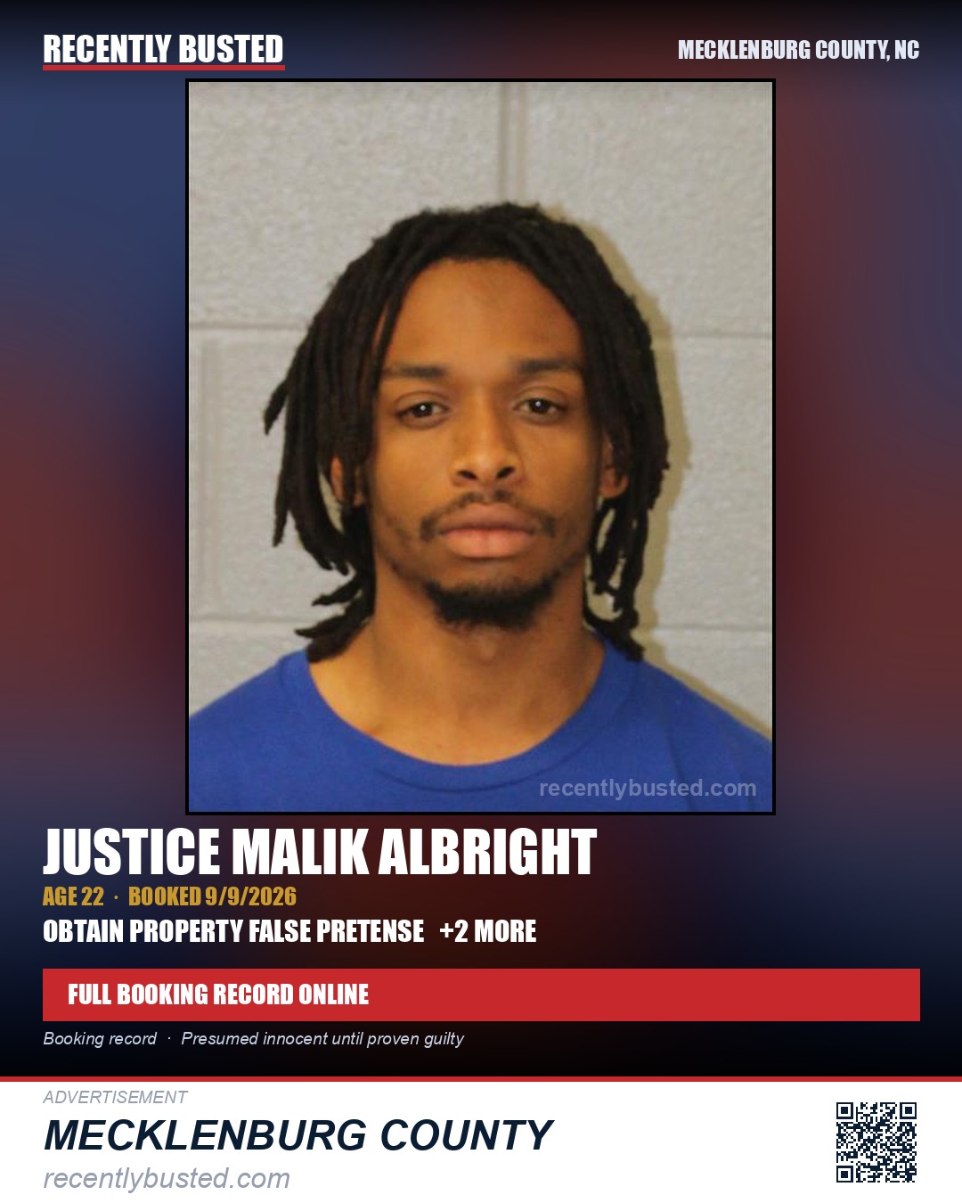 JUSTICE MALIK ALBRIGHT — arrest record card, Mecklenburg County, North Carolina