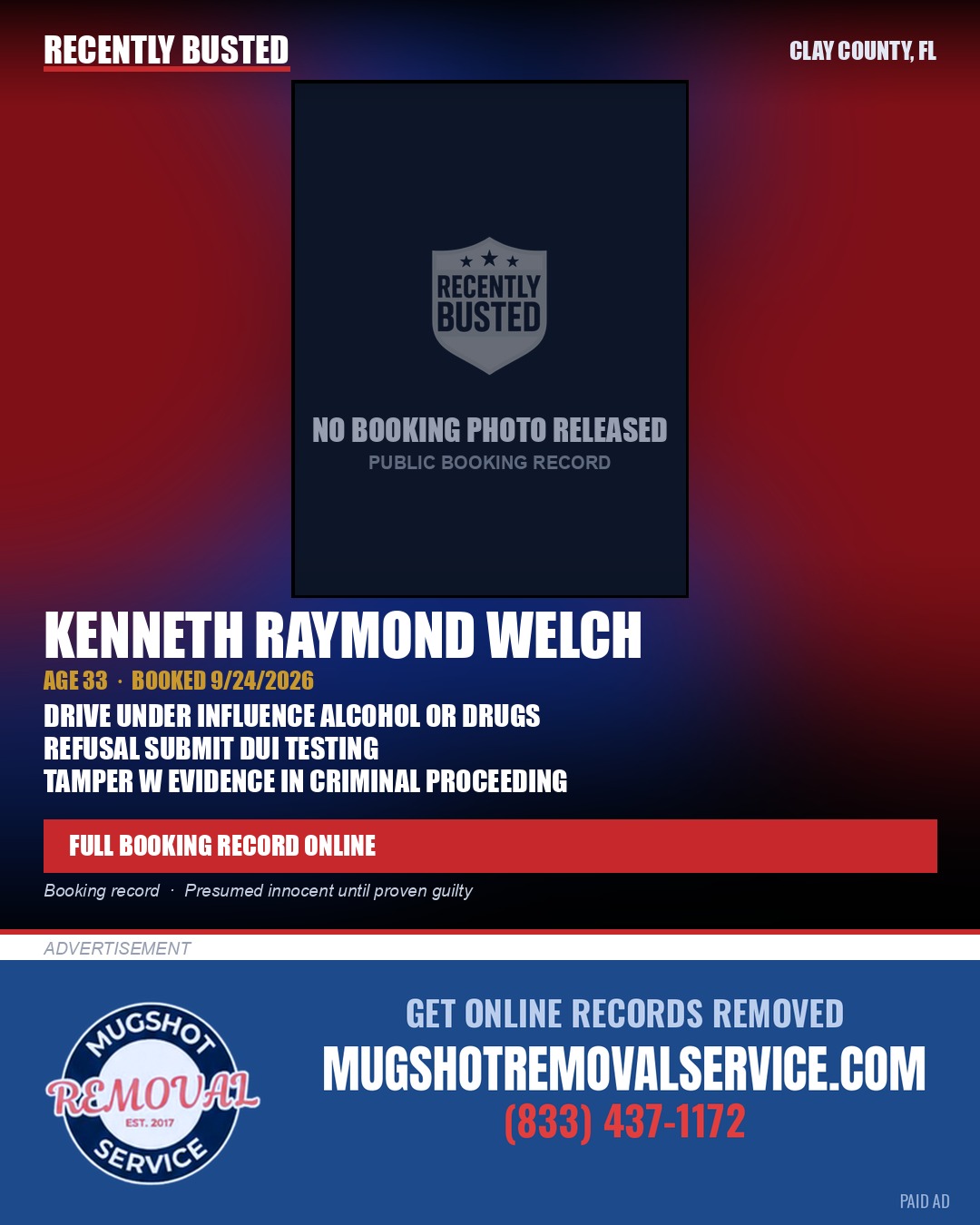 KENNETH RAYMOND WELCH — arrest record card, Clay County, Florida