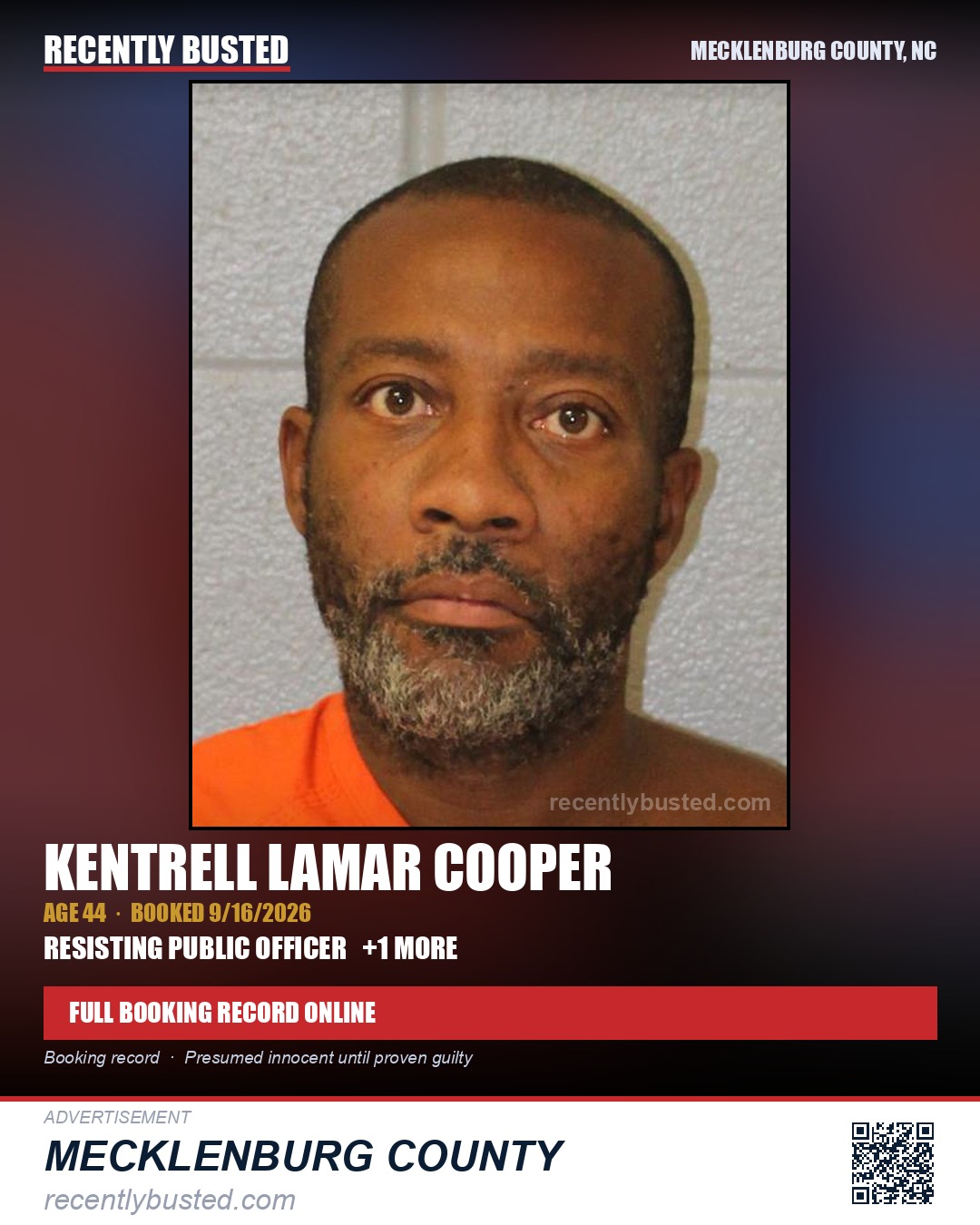 KENTRELL LAMAR COOPER — arrest record card, Mecklenburg County, North Carolina