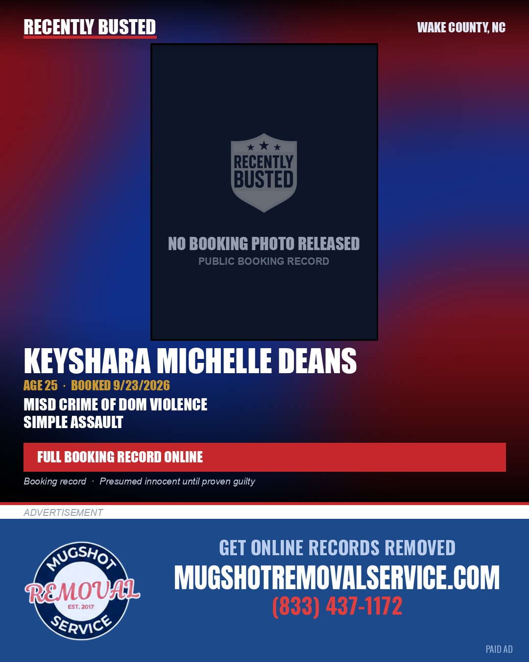 KEYSHARA MICHELLE DEANS — arrest record card, Wake County, North Carolina