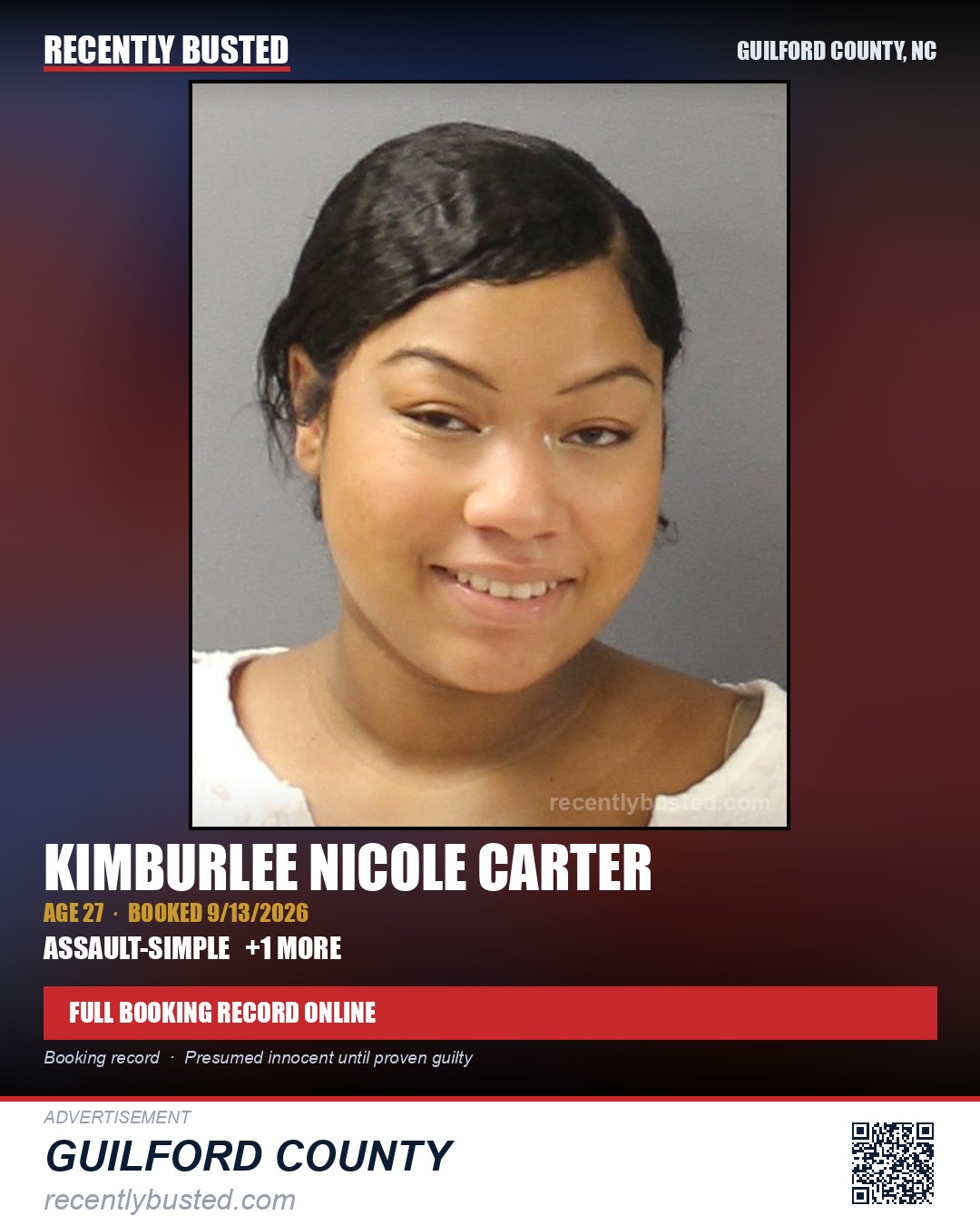 KIMBURLEE NICOLE CARTER — arrest record card, Guilford County, North Carolina