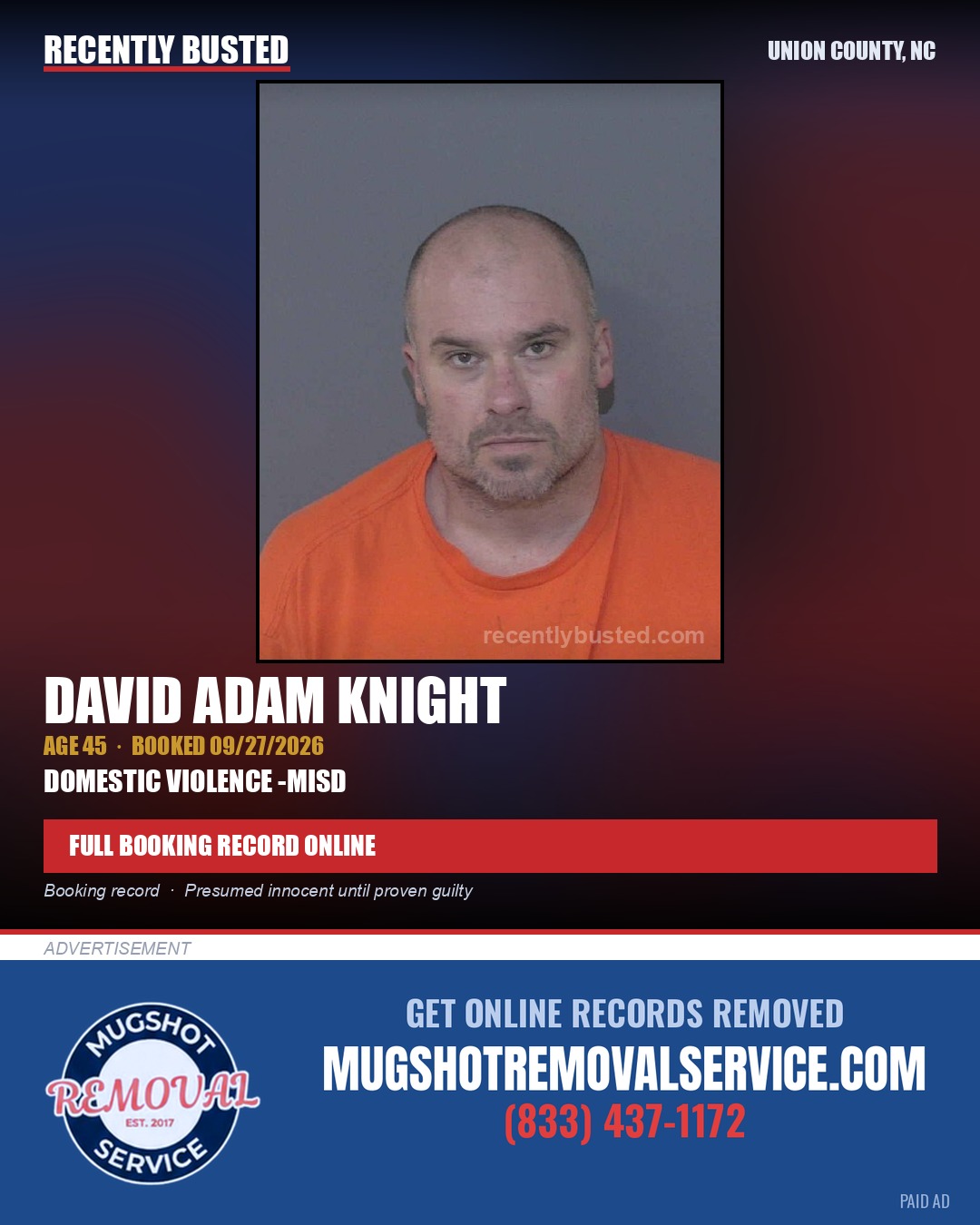 KNIGHT, DAVID ADAM — arrest record card, Union County, North Carolina