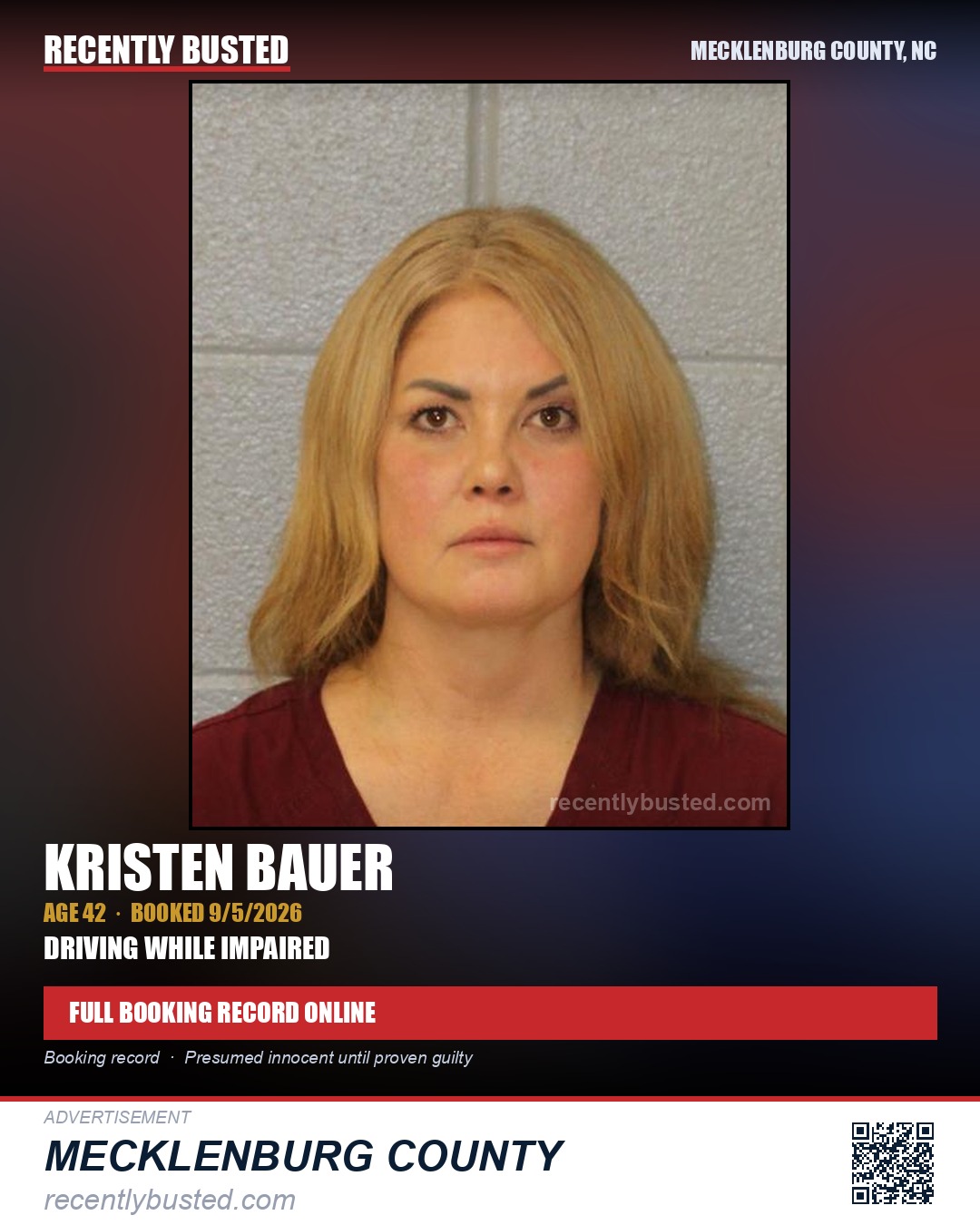 KRISTEN BAUER — arrest record card, Mecklenburg County, North Carolina