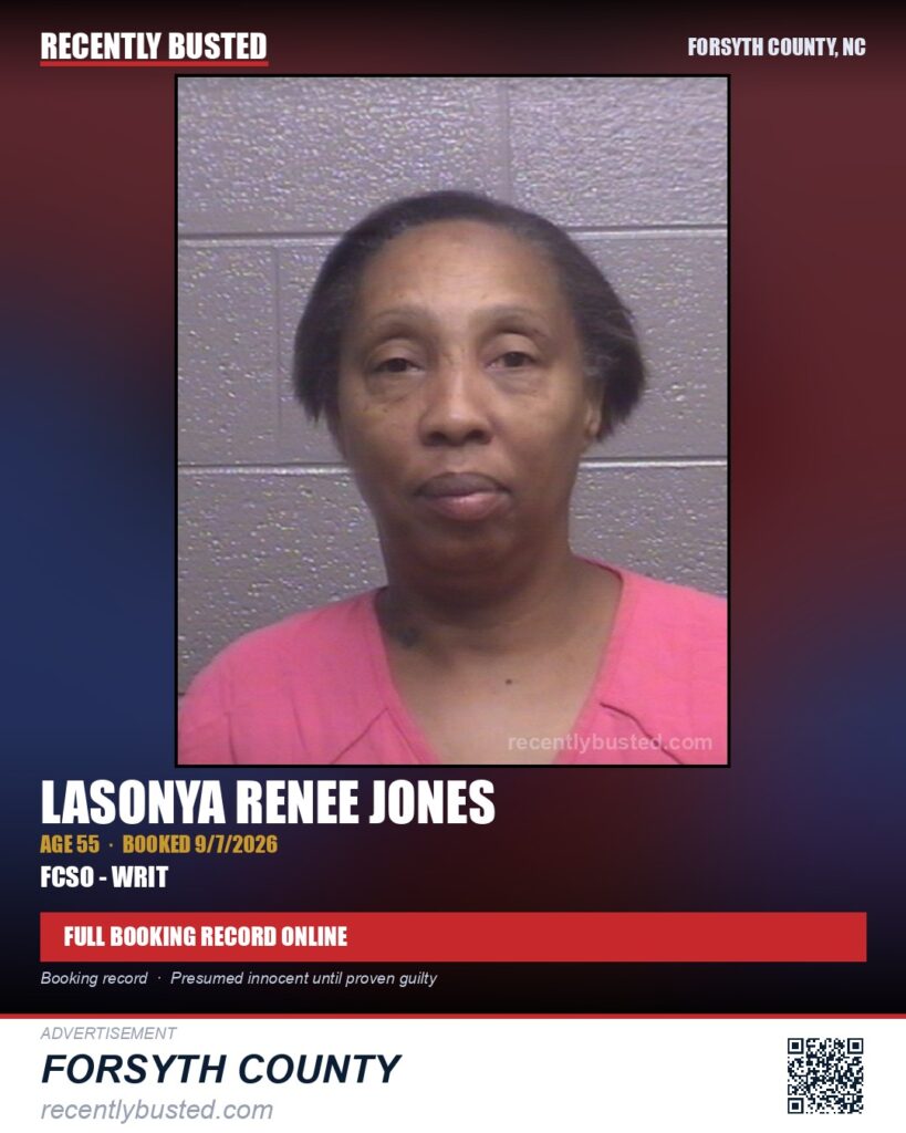 LASONYA RENEE JONES — arrest record card, Forsyth County, North Carolina