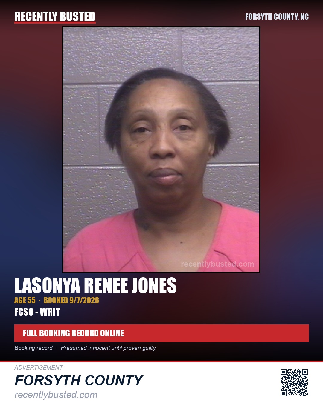 LASONYA RENEE JONES — arrest record card, Forsyth County, North Carolina