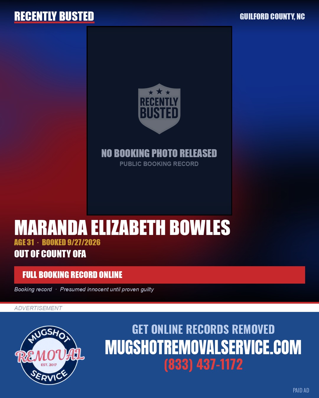 MARANDA ELIZABETH BOWLES — arrest record card, Guilford County, North Carolina