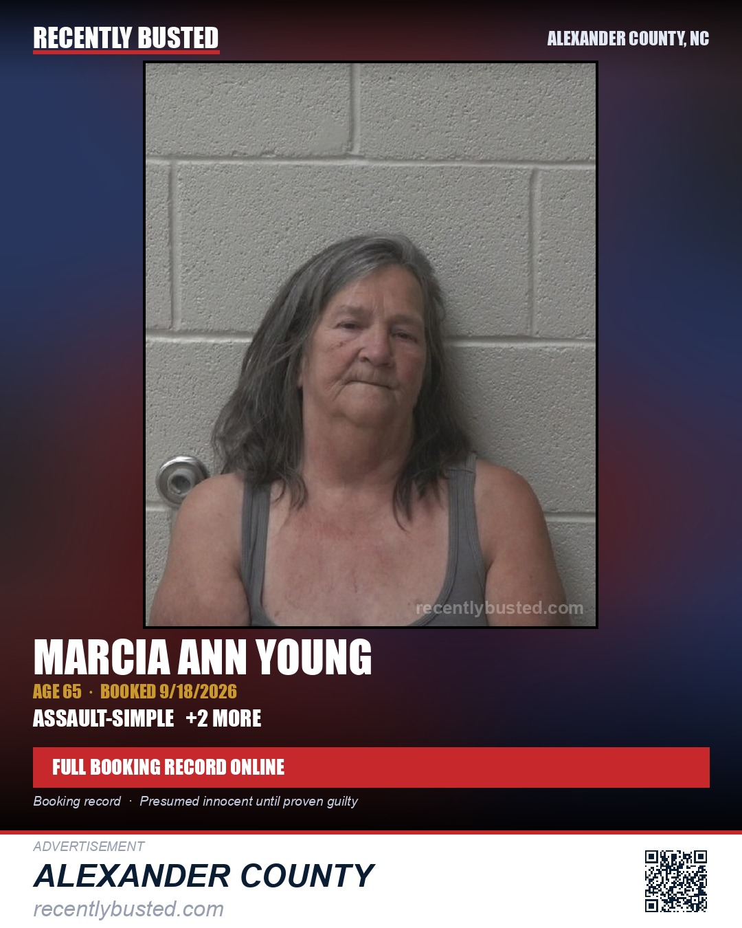 MARCIA ANN YOUNG — arrest record card, Alexander County, North Carolina