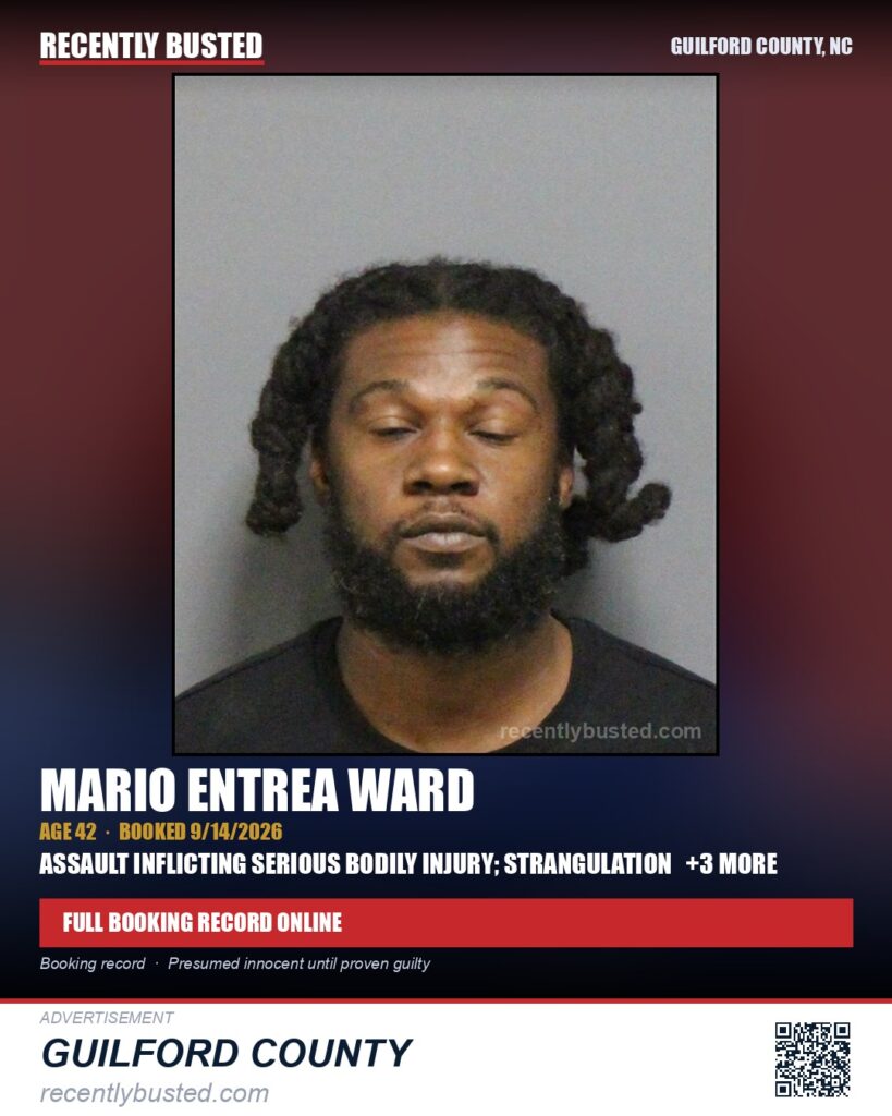 MARIO ENTREA WARD — arrest record card, Guilford County, North Carolina