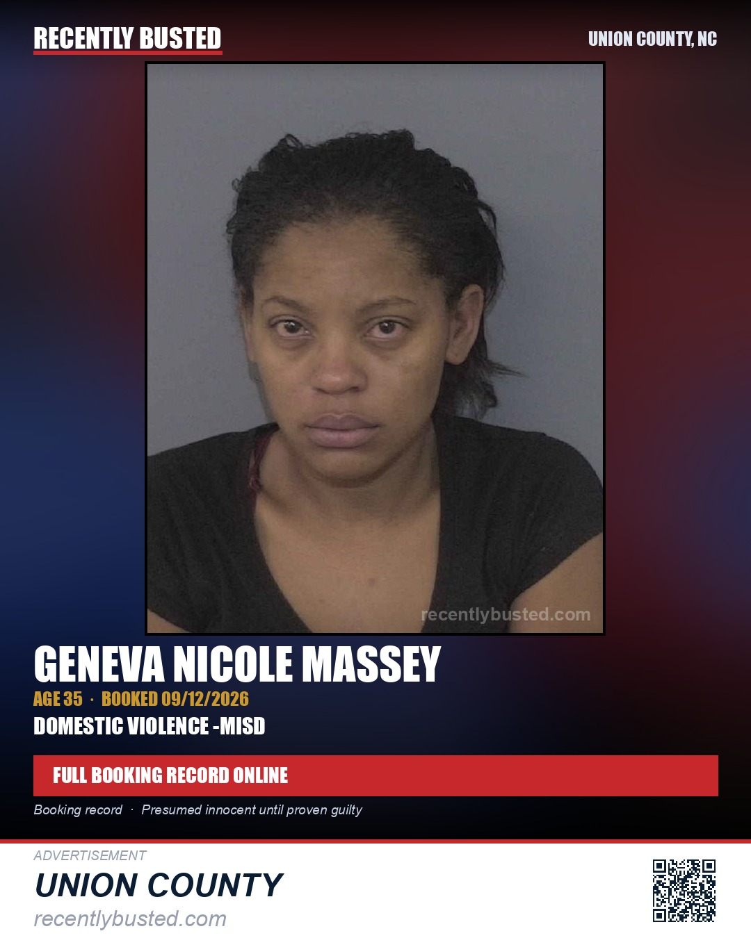 MASSEY, GENEVA NICOLE — arrest record card, Union County, North Carolina