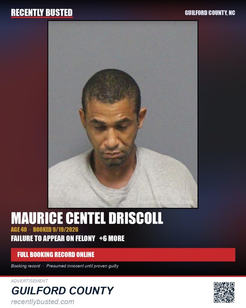 MAURICE CENTEL DRISCOLL — arrest record card, Guilford County, North Carolina