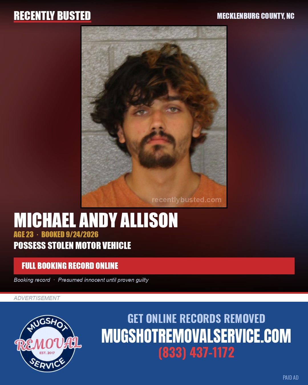 MICHAEL ANDY ALLISON — arrest record card, Mecklenburg County, North Carolina