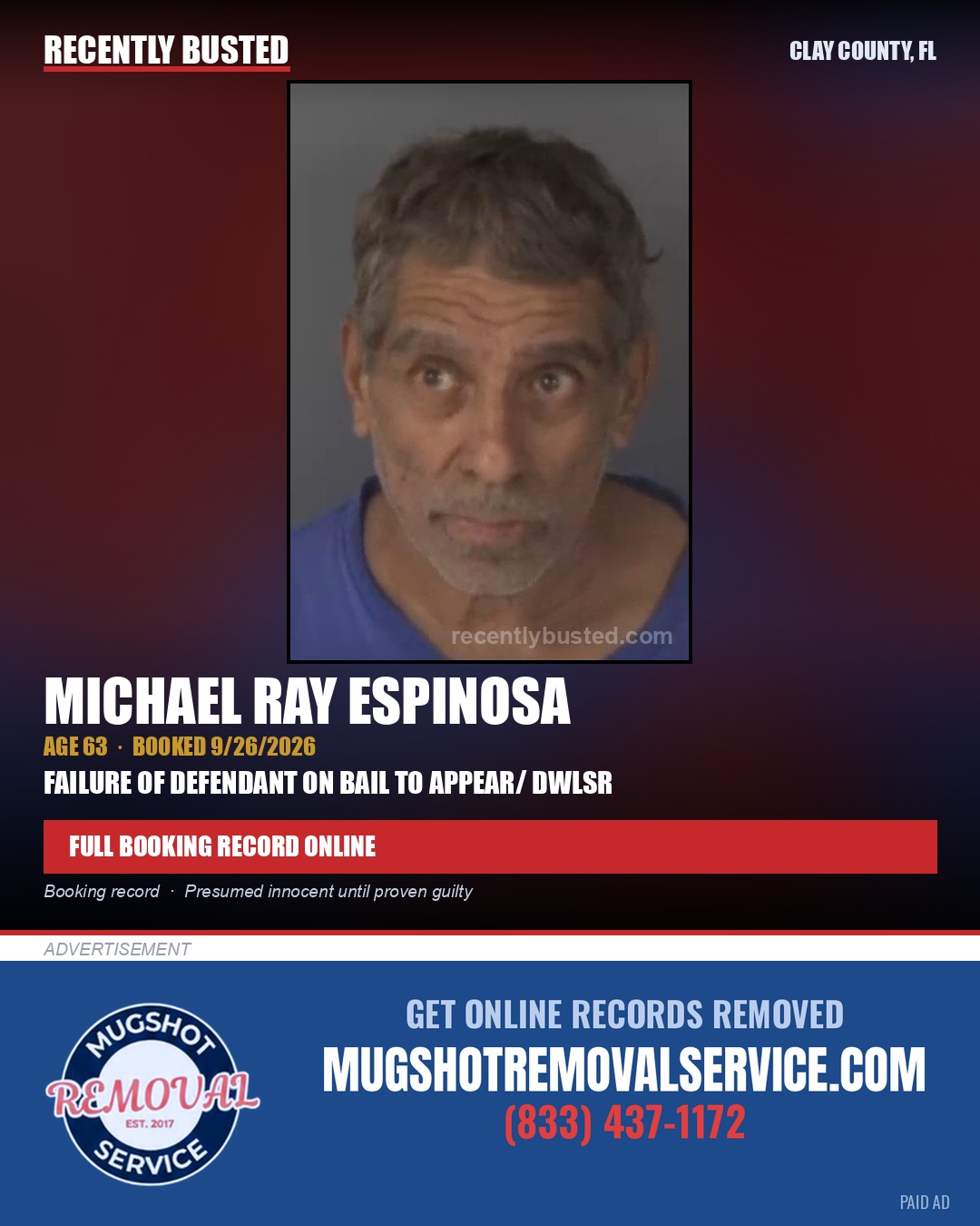 MICHAEL RAY ESPINOSA — arrest record card, Clay County, Florida