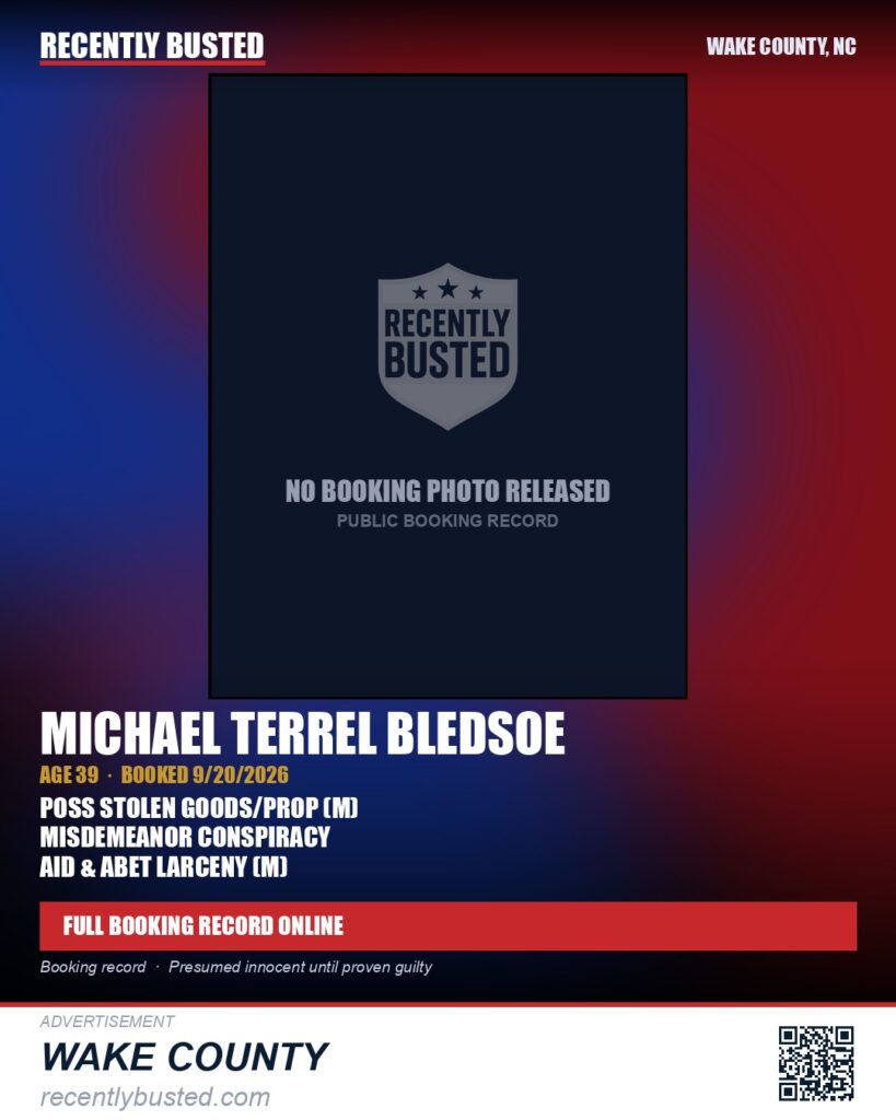 MICHAEL TERREL BLEDSOE — arrest record card, Wake County, North Carolina