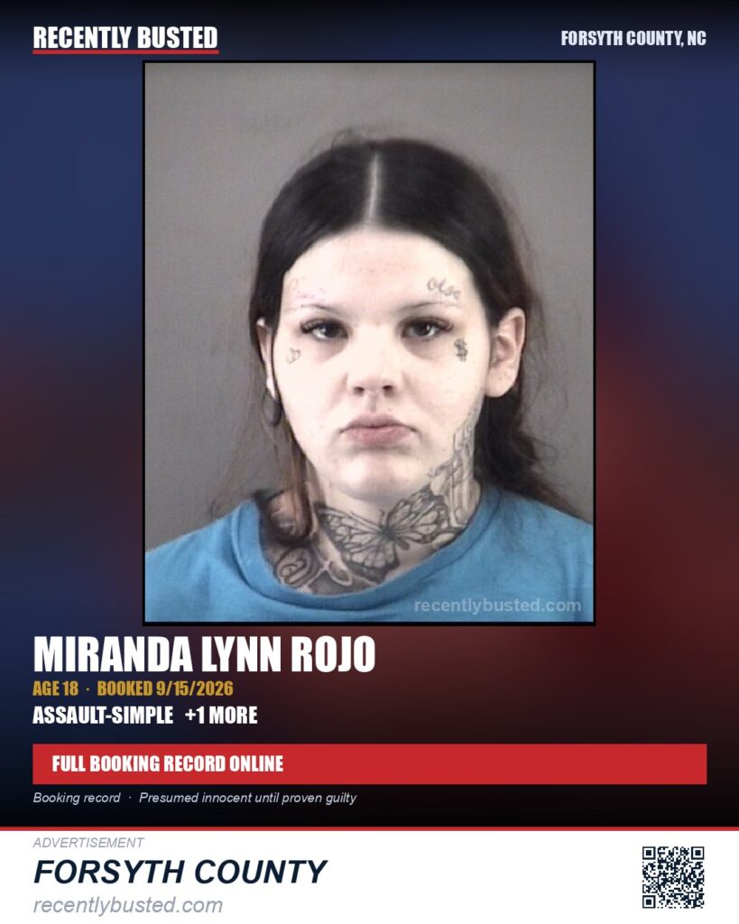 MIRANDA LYNN ROJO — arrest record card, Forsyth County, North Carolina