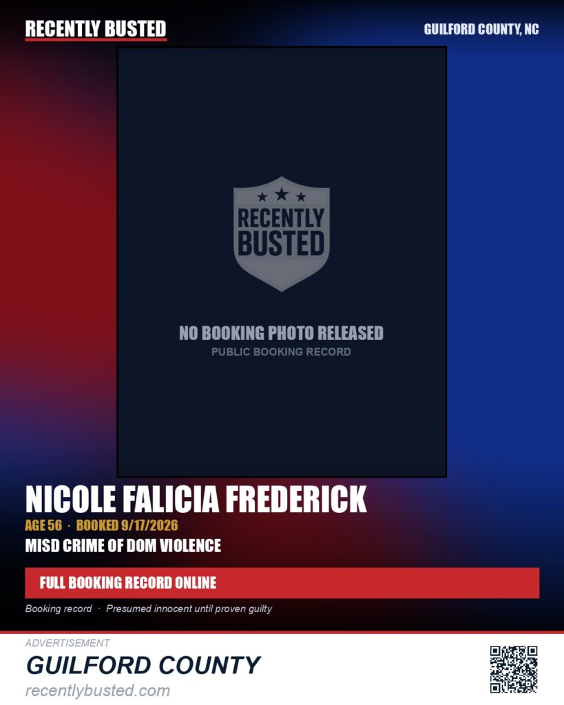 NICOLE FALICIA FREDERICK — arrest record card, Guilford County, North Carolina