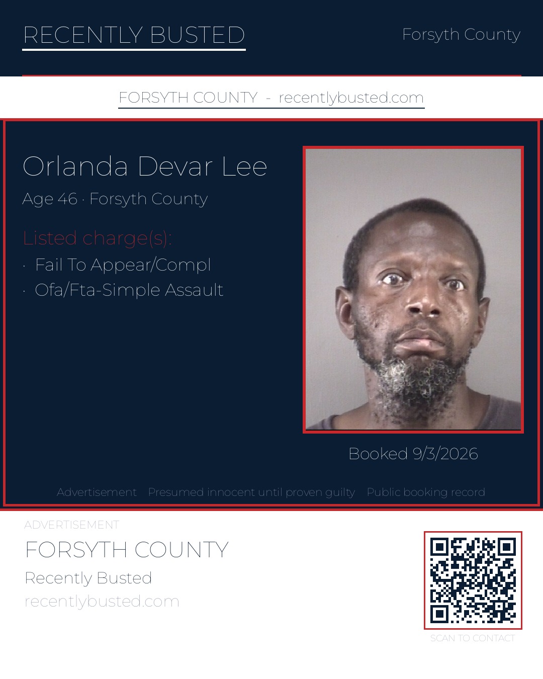 ORLANDA DEVAR LEE — arrest record card, Forsyth County, North Carolina