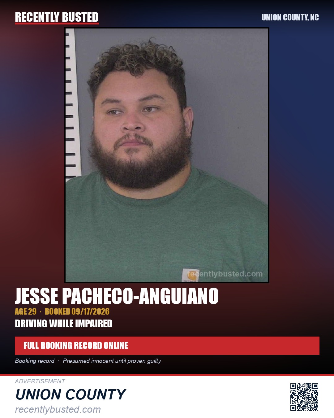 PACHECO-ANGUIANO, JESSE — arrest record card, Union County, North Carolina