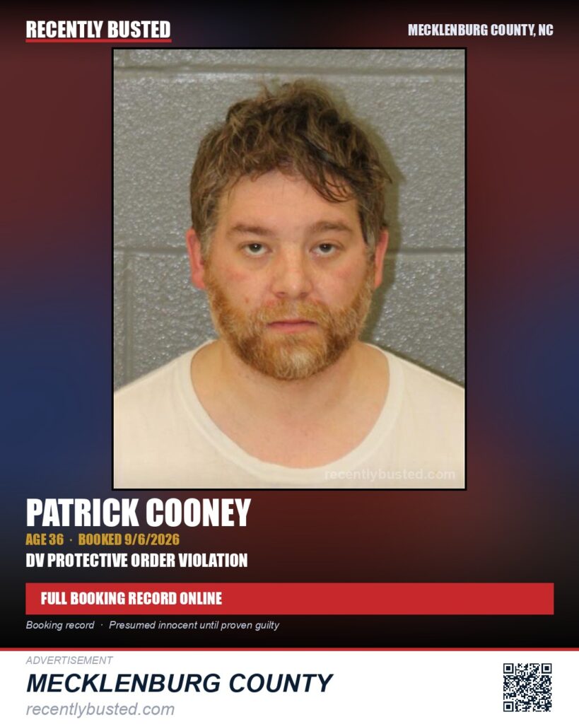 PATRICK COONEY — arrest record card, Mecklenburg County, North Carolina