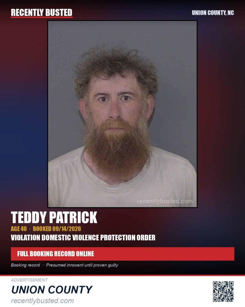 PATRICK, TEDDY — arrest record card, Union County, North Carolina