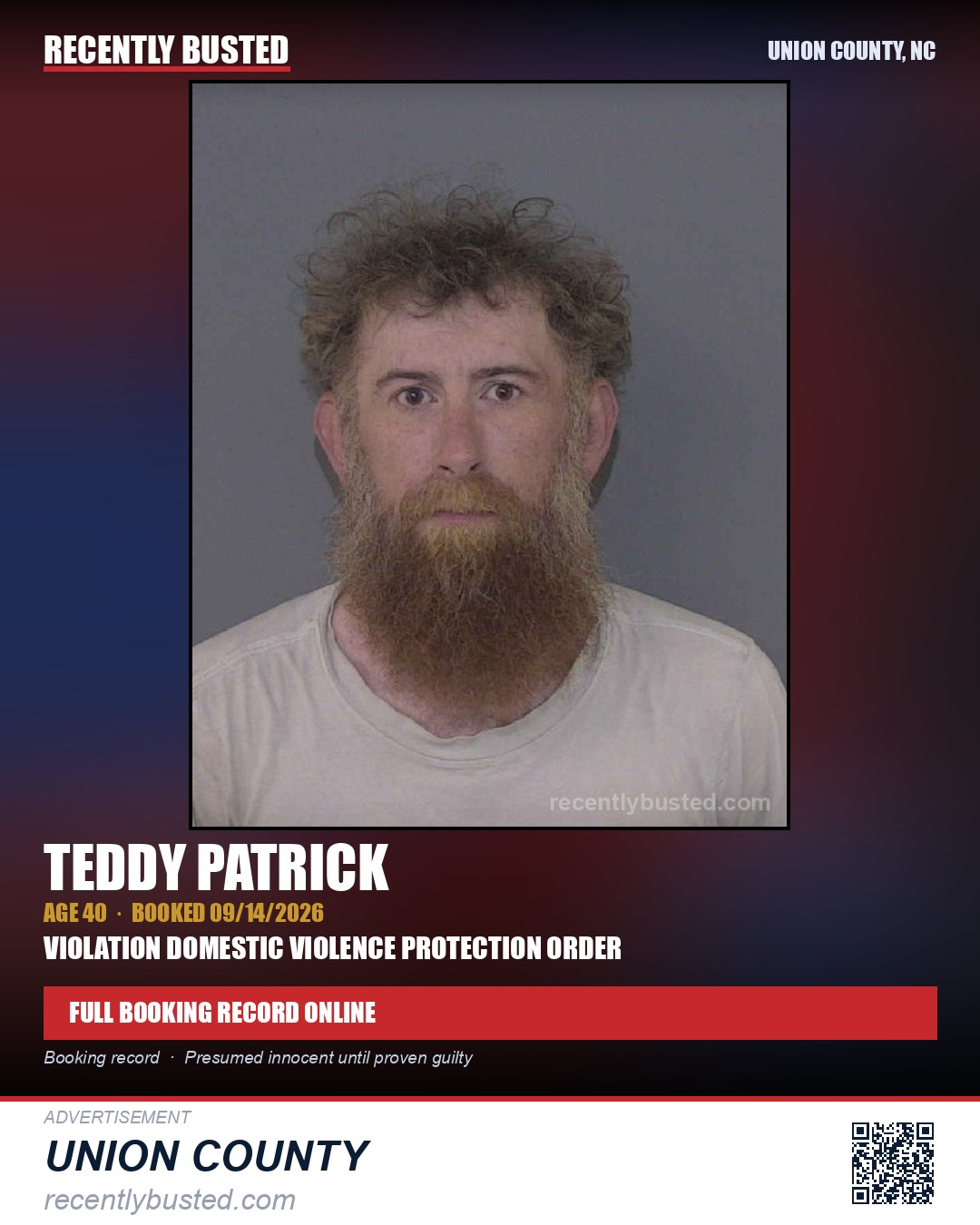 PATRICK, TEDDY — arrest record card, Union County, North Carolina