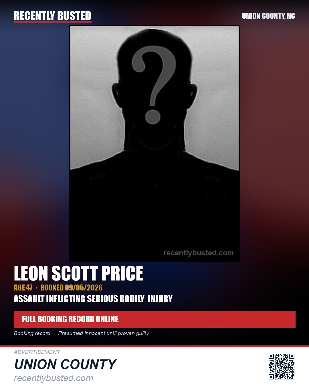 PRICE, LEON SCOTT — arrest record card, Union County, North Carolina